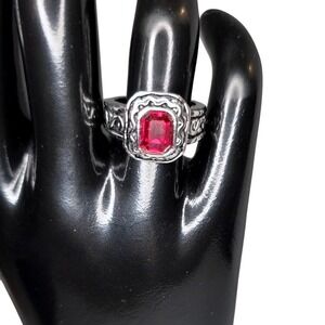 Vintage 18K GE A Red Emerald Cut Stone Silver Tone Ring Size 7